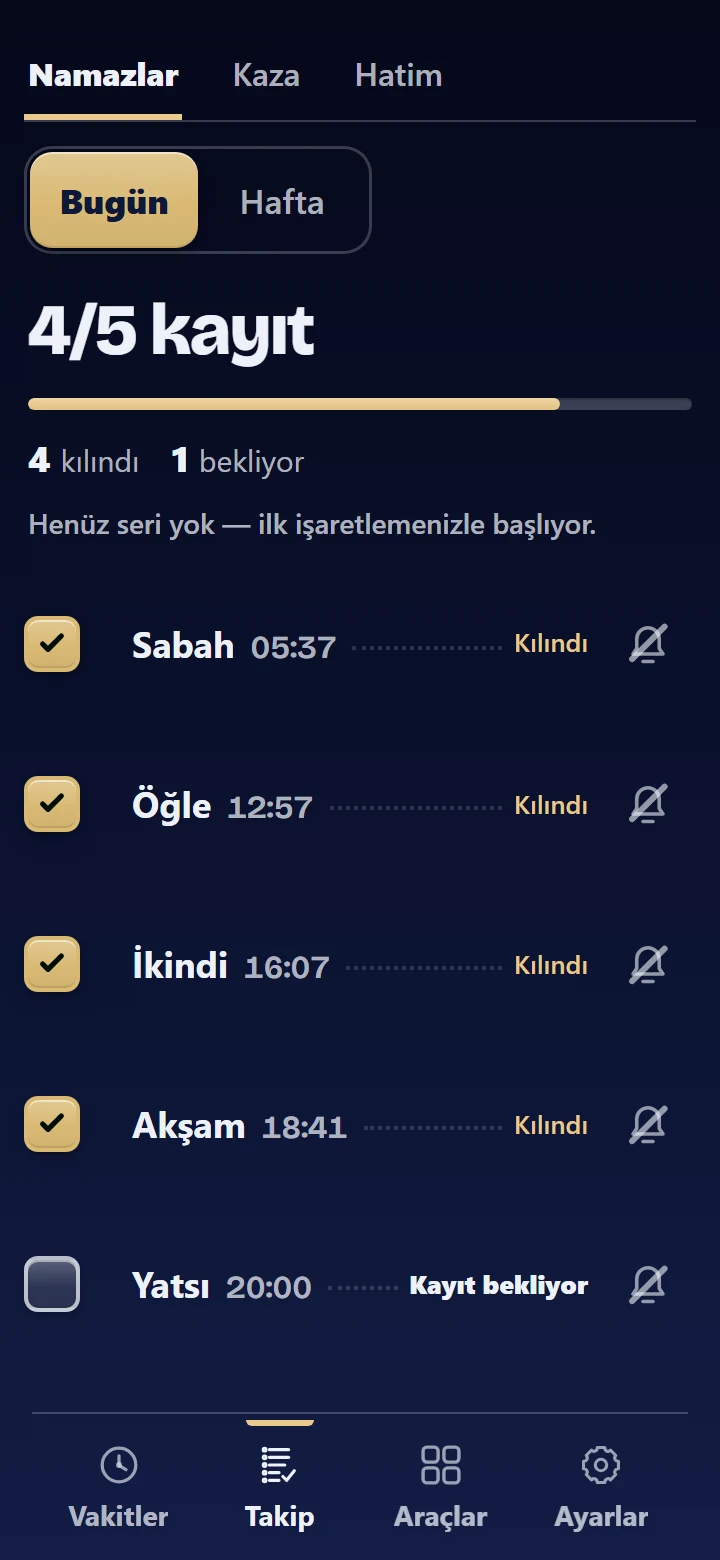 Takip ekranı, koyu görünüm: dört namaz kılındı olarak işaretli, Yatsı kaydı bekliyor