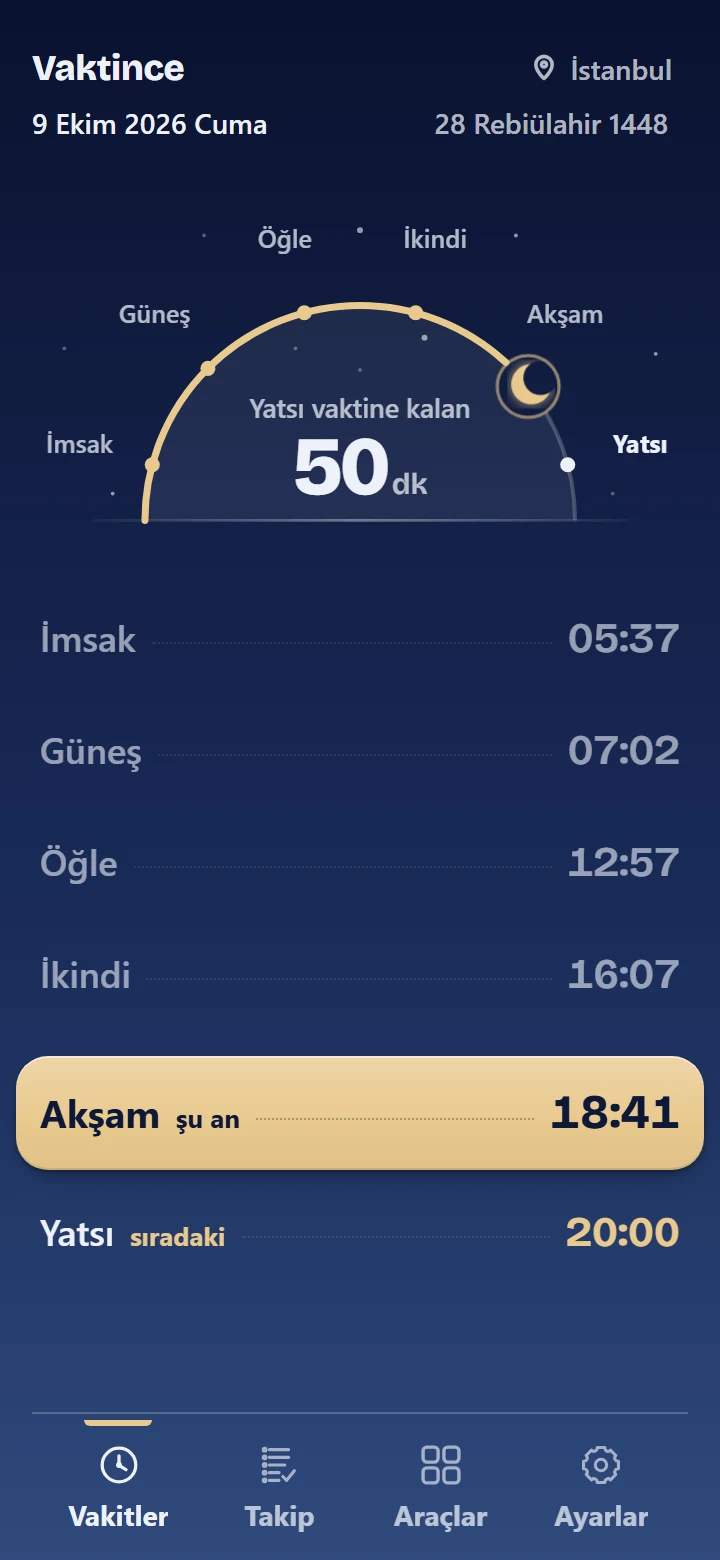 Vakitler ekranı, akşam: koyu mavi zemin, yayda hilal, Yatsı vaktine kalan süre